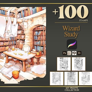 Wizard Study: Sellos para Procreate y pinceles para Photoshop – Más de 100 diseños de interiores: tatuajes, ilustraciones, dibujos lineales, plantillas y pinceles.