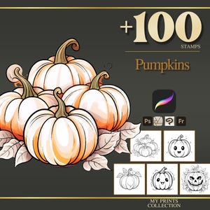 Pumpkin Halloween Procreate Stamps & Photoshop Brushes – 100+ Tattoo, Drawing, Digital Art, Clipart, Line Art, Brush Pack