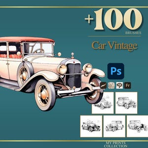Op de afbeelding: Waterverfillustratie van een vintage auto met een rood dak en crèmekleurige carrosserie. De afbeelding bevat de tekst "+100 BRUSHES Car Vintage" en pictogrammen voor ontwerpsoftware. Op een blauwgroene achtergrond.