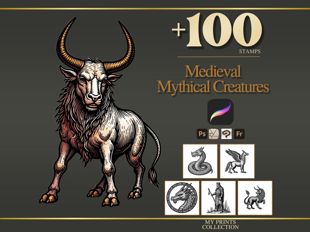 Mythical Creatures Medieval Procreate Stamps & Photoshop Brushes – 100 ...