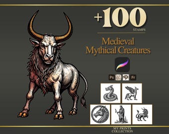Mythical Creatures Medieval Procreate Stamps & Photoshop Brushes – 100+ Woodcut Tattoo, Digital Art, Clipart, Line Art, Brush Pack