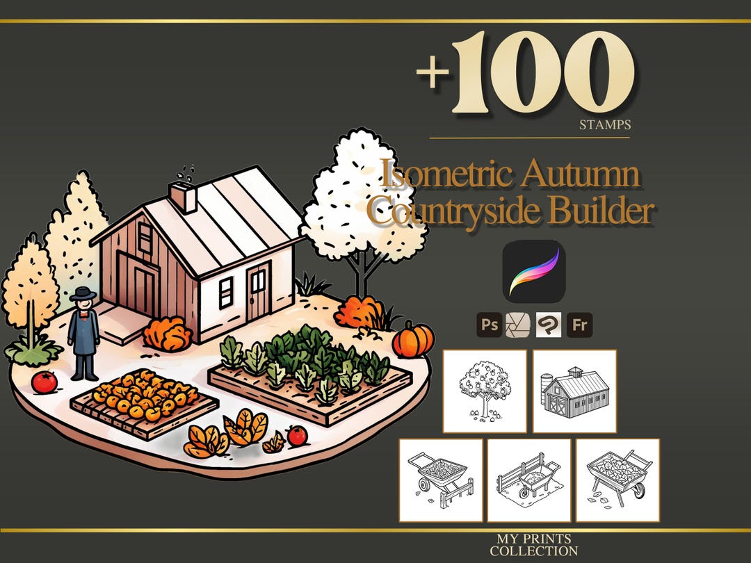 Isometric Autumn Countryside Builder Procreate Stamps & Photoshop ...