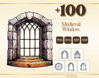 Window Medieval PNG Bundle – 100+ Woodcut Cricut & Silhouette Files, SVG, DXF, Eps – Line Art, Stencil, Digital Craft