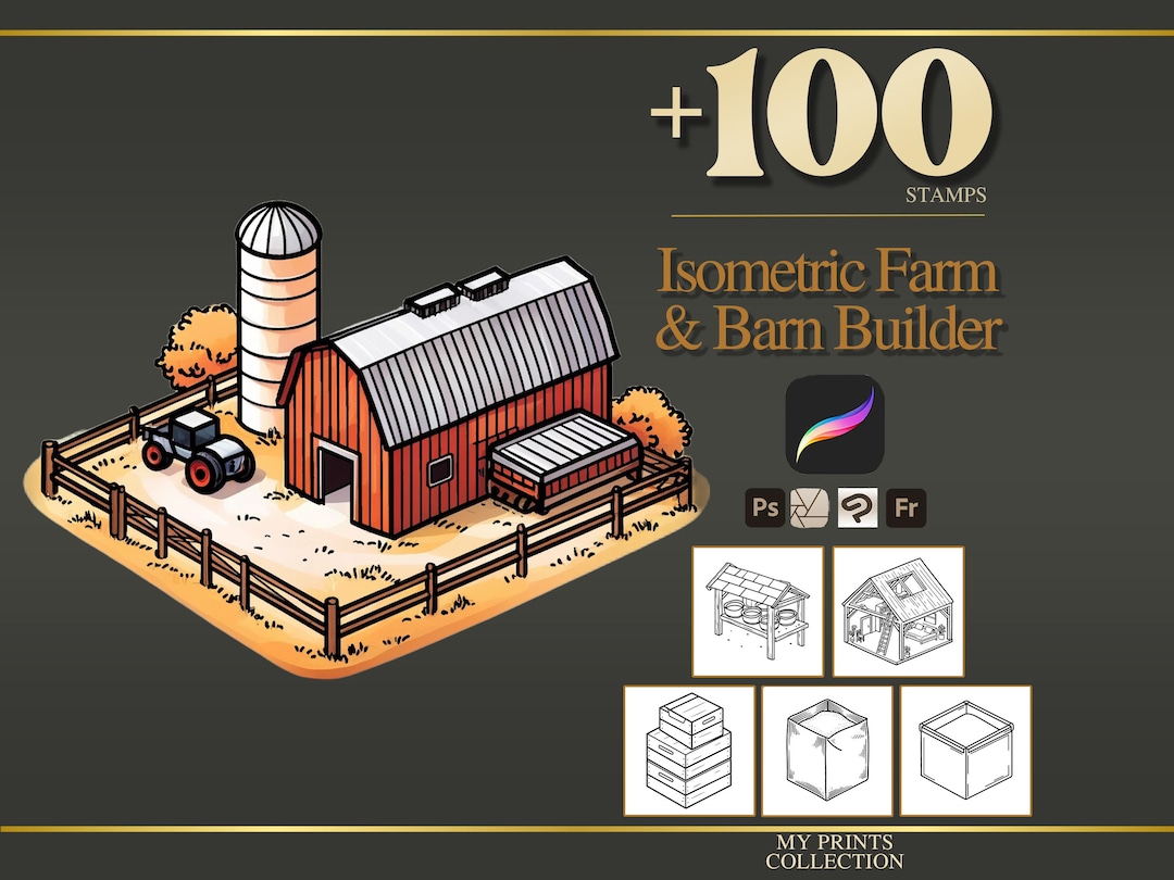 Isometric Farm and Barn Builder Procreate Stamps & Photoshop Brushes ...