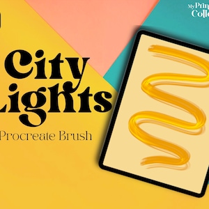 May include: A digital illustration of a yellow brush stroke on a beige background. The brush stroke is in the shape of a squiggly line. The image is displayed on a tablet computer with a black frame. The text "City Lights Procreate Brush" is displayed on a yellow background.