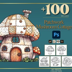 Mushroom Cottage Patchwork Photoshop Brushes & Procreate Briefmarken - 100+ Fashion Quilt Texture, Tattoo, Digital Art, Clipart, Line Art, Stenci