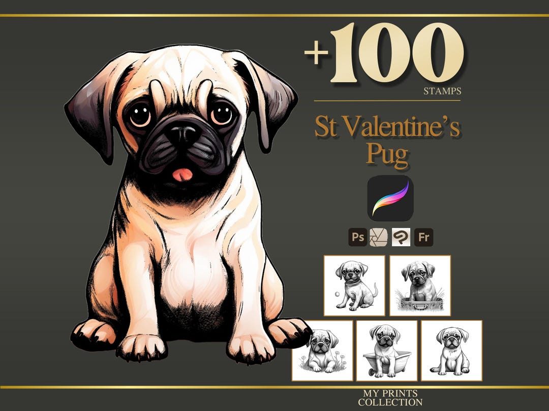 St Valentines Pug Procreate Stamps & Photoshop Brushes – 100+ Romance ...