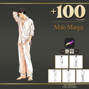 Male Manga Maker Procreate Stamps & Photoshop Brushes – 100+ Anime Cartoon Poses Tattoo, Illustration, Line Art, Stencil, Brush Pack