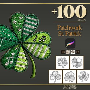 Könnte beinhalten: Digitale Illustration eines Patchwork-Kleeblatts mit grünen und weißen Mustern, Noten und dem Text "Patchwork St. Patrick". Das Bild enthält eine Sammlung von Stempeln.