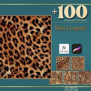 Könnte beinhalten: Ein Bild mit einem Leopardenmuster-Design auf türkisblauem Hintergrund. Der Text lautet "+100 Seamless Patterns Skin Leopard". Es werden mehrere Beispielmuster zusammen mit App-Symbolen angezeigt. Das Gesamtthema sind digitale Designressourcen.