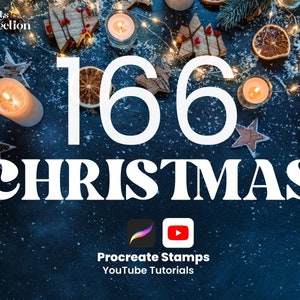 May include: A festive Christmas-themed image with the text "166 CHRISTMAS" in large white letters. The image features lit candles, star-shaped ornaments, and dried orange slices, all set against a dark, textured background. The Procreate Stamps YouTube Tutorials logo is also visible.