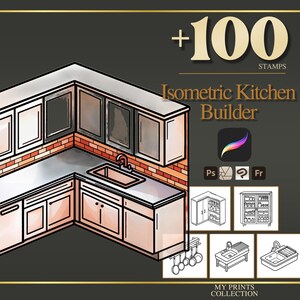 Könnte beinhalten: Grafik von Isometric Kitchen Builder mit einem Kücheneck-Design, das Schränke, ein Waschbecken und einen Backstein-Backsplash zeigt. Der Text "+100 Stamps" und "Isometric Kitchen Builder" ist enthalten.