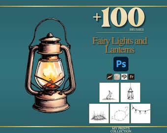 Fairy Lights and Lanterns Photoshop Brushes & Procreate Stamps, 100+ Lantern and String Light Stamps, Fairycore Digital Download