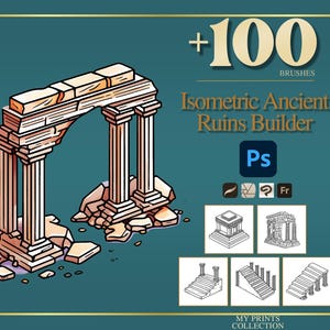Pode incluir: Gráfico Isometric Ancient Ruins Builder em um fundo azul-petróleo. A imagem apresenta uma ilustração estilizada de um arco antigo com colunas e ruínas de pedra. O texto inclui "+100 Brushes" e "Isometric Ancient Ruins Builder" com o logotipo do Photoshop.