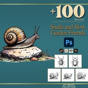May include: A digital collection of over 100 brushes titled +100 Brushes Snails and Slow Garden Friends. The graphic features a detailed illustration of a snail on a rock, a Photoshop icon, and five smaller black and white insect and snail sketches.