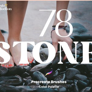 May include: 78 Stone Procreate Brushes Color Palette. A close-up of a person's hand reaching down to pick up a smooth, dark grey stone. The person's feet are visible in the background, standing on a bed of similar stones.
