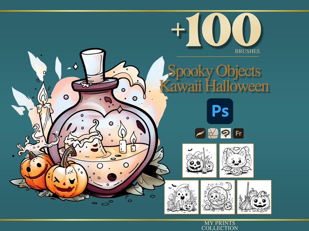 Spooky Objects Kawaii Halloween Photoshop Brushes & Procreate Stamps ...