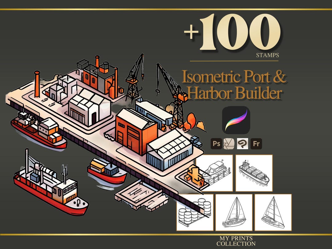 Isometric Port and Harbor Builder Procreate Stamps & Photoshop Brushes ...