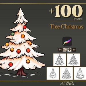 Tree Christmas Procreate Stamps & Photoshop Brushes – 100+ Tattoo, Drawing, Digital Art, Clipart, Line Art, Brush Pack
