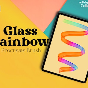 May include: A digital illustration of a rainbow-colored glass ribbon on a yellow background. The text "Glass Rainbow Procreate Brush" is displayed on the image.