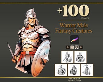 Tampons procréer homme guerrier et pinceaux Photoshop - Plus de 100 créatures fantastiques tatouage, illustration, dessin au trait, pochoir, paquet de pinceaux
