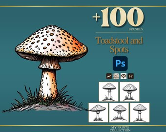 May include: A digital illustration of a single mushroom with a spotted cap on a teal background. The text reads +100 BRUSHES Toadstool and Spots. Includes a Photoshop icon and five smaller black and white line art variations of the mushroom.