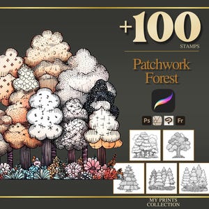 Könnte beinhalten: Eine Illustration eines Patchwork-Waldes mit verschiedenen Baumdesigns in Braun-, Weiß- und Orangetönen. Das Bild enthält den Text "+100 STAMPS" und "Patchwork Forest". Zusätzliche kleine Baumillustrationen sind ebenfalls vorhanden.
