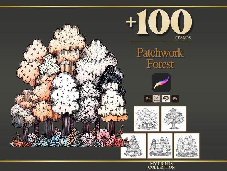 Timbri Procreate e pennelli Photoshop Forest Patchwork: oltre 100 texture per trapunte alla moda, tatuaggi, arte digitale, clipart, disegni al tratto, pacchetto di pennelli immagine 1