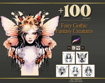 Tampons Fairy Gothic Procreate et pinceaux Photoshop - Plus de 100 créatures fantastiques tatouage, illustration, dessin au trait, pochoir, paquet de pinceaux