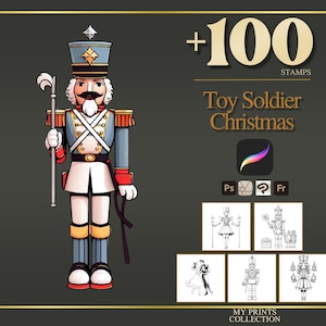 Pieczątki i pędzle do Photoshopa „Żołnierzyk z zabawkami” w wersji świątecznej Procreate – ponad 100 tatuaży, rysunków, grafiki cyfrowej, clipartów, rysunków liniowych i zestaw pędzli