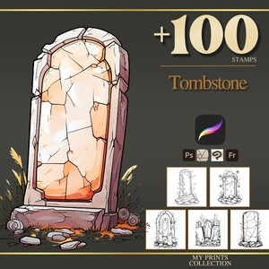 Pieczątki Tombstone Halloween Procreate i pędzle do Photoshopa – ponad 100 tatuaży, rysunków, grafiki cyfrowej, clipartów, rysunków liniowych i zestaw pędzli