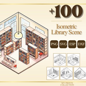 Op de afbeelding: Isometrische bibliotheekscène-illustratie met meerdere boekenplanken, rode stoelen en een hanglamp. De afbeelding bevat de tekst "+100 Isometric Library Scene" en bestandstype-pictogrammen voor PNG, SVG, ESP en DXF.