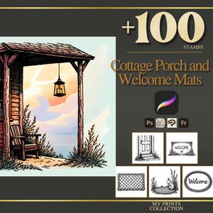 May include: A digital stamp set featuring over 100 designs titled Cottage Porch and Welcome Mats. The main illustration shows a wooden porch with a chair and hanging lantern. Smaller black and white line art stamps include doors, welcome mats, and garden elements for use in digital design software.