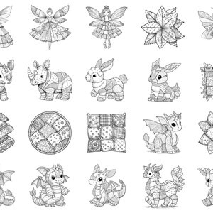 Sellos y pinceles de Photoshop para Procreate con diseños de criaturas fantásticas: más de 100 texturas de patchwork para edredones de moda, tatuajes, arte digital, imágenes prediseñadas, arte lineal y pinceles. imagen 4