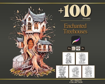エンチャンテッド・ツリーハウス Procreate スタンプ＆Photoshopブラシ – 100種類以上の場所、家の風景、魔法のような気まぐれなタトゥー、イラスト、ブラシパック