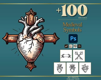 Symbols Medieval Photoshop Brushes & Procreate Stamps – 100+ Woodcut Tattoo, Digital Art, Clipart, Line Art, Stencil