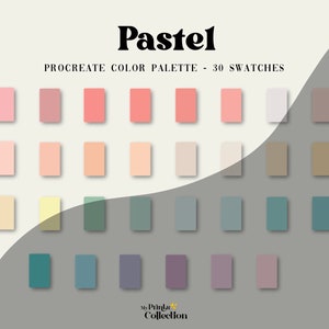 May include: A digital color palette with 30 pastel shades for Procreate. The palette includes shades of pink, peach, yellow, green, blue, and purple.