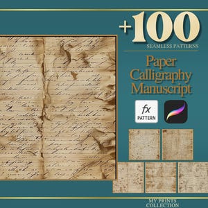 Pincel de textura para Photoshop com padrão PAT de papel manuscrito de caligrafia e Procreate, conjunto com mais de 100 texturas perfeitas, ferramenta de design de textura digital