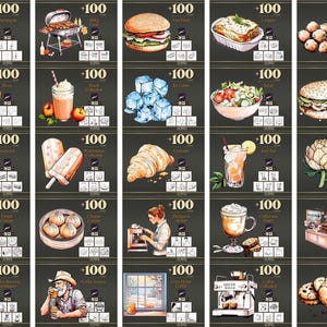Peut inclure: Illustrations &agrave; l'aquarelle de divers aliments et boissons, notamment du champagne, une pizza, un hamburger, des lasagnes, des boulettes de viande, un sandwich, des glaces, un croissant, un cocktail, un l&eacute;gume, et plus encore. Chaque image a une &eacute;tiquette "+100".