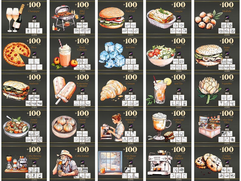 Peut inclure: Illustrations &agrave; l'aquarelle de divers aliments et boissons, notamment du champagne, une pizza, un hamburger, des lasagnes, des boulettes de viande, un sandwich, des glaces, un croissant, un cocktail, un l&eacute;gume, et plus encore. Chaque image a une &eacute;tiquette "+100".