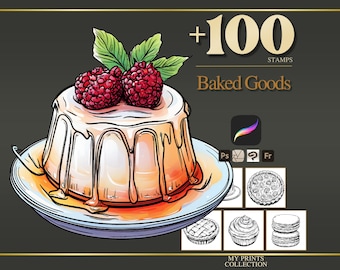 Baked Goods Procreate Stamps & Photoshop Brushes – 100+ Food Beverage Cuisine Coffee Tattoo, Illustration, Line Art, Stencil, Brush Pack