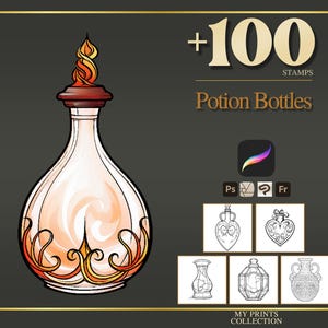 Potion Bottles Halloween Procreate Stamps & Photoshop Brushes – 100+ Tattoo, Drawing, Digital Art, Clipart, Line Art, Brush Pack