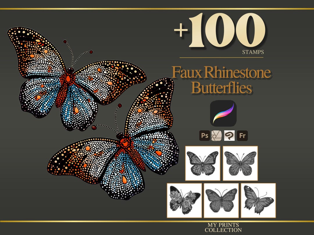 Faux Rhinestone Butterflies Procreate Stamps & Photoshop Brushes – 100 ...