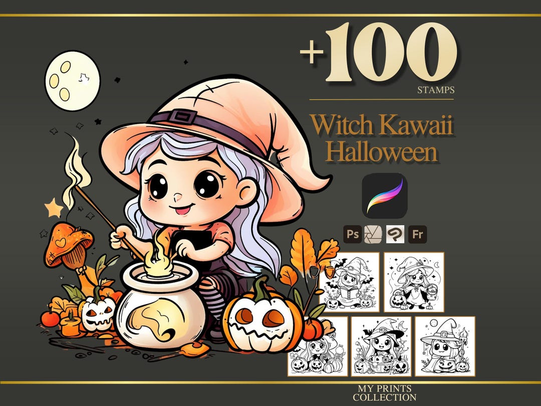 Witch Kawaii Halloween Procreate Stamps & Photoshop Brushes – 100 ...