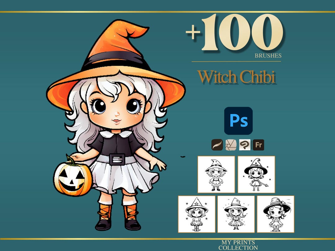 Witch Chibi Halloween Photoshop Brushes & Procreate Stamps – 100 ...