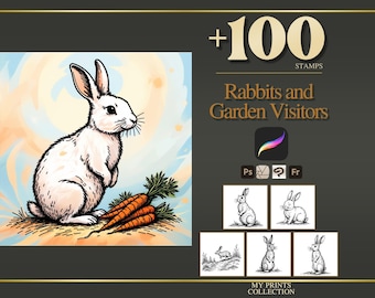 May include: A digital stamp collection featuring a white rabbit with orange carrots, labeled +100 STAMPS Rabbits and Garden Visitors. Includes icons for software compatibility and five small black and white line art rabbit illustrations on a dark background.