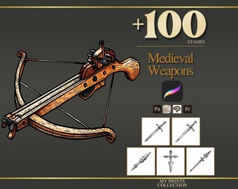 Weapons Medieval Procreate Stamps & Photoshop Brushes – 100+ Woodcut Tattoo, Digital Art, Clipart, Line Art, Brush Pack