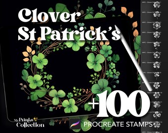 100+ Procreate Clovers St Patrick Stamps, Lucky Bouquet Botanical Wreath Linear Art, Digital Download, Digital Art Supply, Procreate Brush