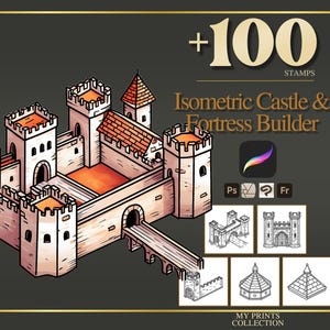 May include: Isometric castle and fortress builder illustration with a detailed, hand-drawn style. The image features a white castle with orange rooftops and a bridge. The text reads "+100 Stamps" and "Isometric Castle & Fortress Builder."