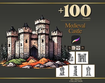 Castle Medieval Procreate Stamps & Photoshop Brushes – 100+ Woodcut Tattoo, Digital Art, Clipart, Line Art, Brush Pack